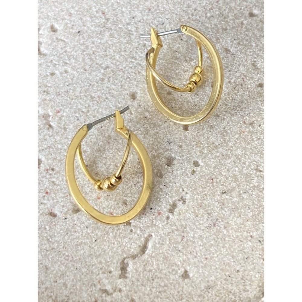 Gold Tone Double Hoop Earrings Beaded Accent Oval Modern Runway Couture Glam
